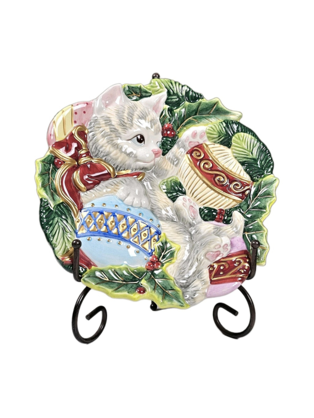 Fitz & Floyd Essentials Kristmas Kitty Christmas Plate 3D Cat Ornament Canape